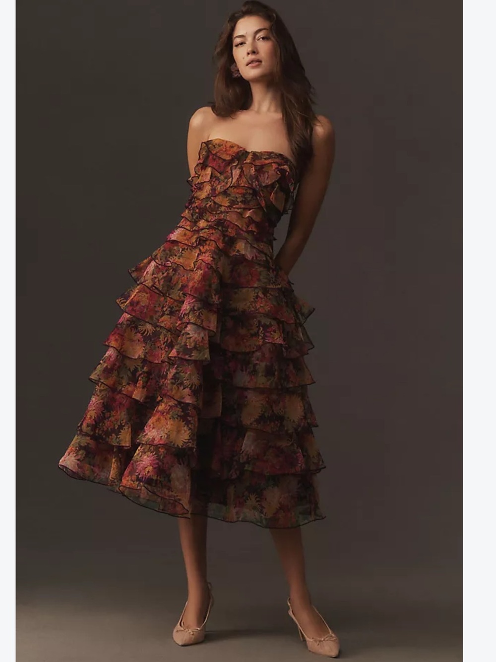 BHLDN Strapless Ruffle Tiered Floral Midi Dress in Burgundy and Gold